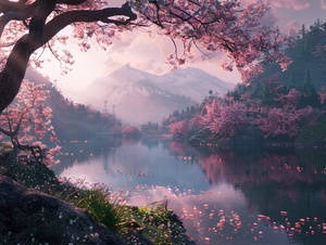 A ultra-realistic CG rendering of Ancient Japan,lake,serene landscape, cherry blossom forest,by Ivan Aivazovsky ,in volumetric lighting, Trending on artstation