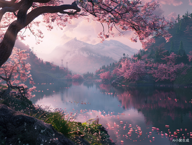 Ultra-realistic CG Rendering of Ancient Japan's Serene Cherry Blossom Forest by Ivan Aivazovsky