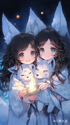 可爱姐妹手持冰狐，夜空蓝背景营造神秘气氛