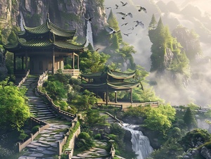 中国古代诗情画意的山水场景，山中有亭台楼阁展现了中国古建筑之美，山中也有飞瀑，也上有苍劲的松柏，也有小草与野花，山中有一条蜿蜒的石板路，上面长满了翠绿的苔藓，山涧有雾气与白云，空中有飞鹤，整个场景恢弘大气，仙气缭绕，展现了东方美学的意境，黄金构图，画面和谐，超现实风格，摄影质感，8K