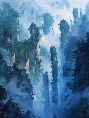 1️⃣ Meticulous painting of Zhangjiajie National Forest Park in China, with towering peaks and pines. The sky is blue with white clouds floating above the mountain forest. A group of stone pillars stand tall on top of each other. Blue smoke floats between them, creating an ethereal atmosphere. It's a dreamy landscape painting in the style of Wuguanzhong, with brushstrokes reminiscent of oil paintings and Chinese ink in high definition. ar 3:4