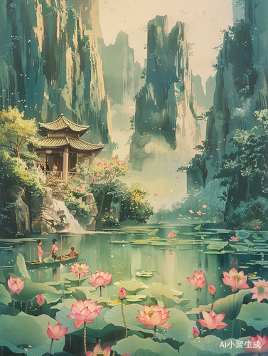 夏日湖畔莲花采莲乐
