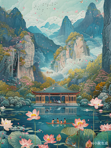 夏日湖畔莲花采莲乐