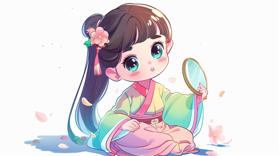 迪士尼风格卡通人物设计-可爱女孩坐在地上持镜子