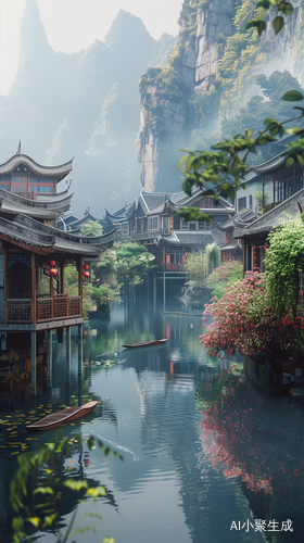 江楼水光相接的优美轻柔风景
