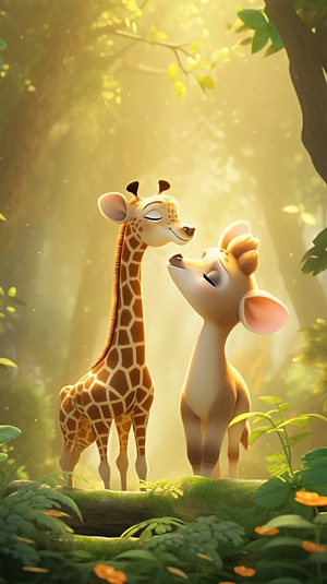 A cute giraffe and a cute zebra stand in the dense forest. Their expressions are gentle, the background is soft, and the lighting is warm. They are rendered using 3D clay icons with soft colors. s 750 ar 3:4 v 6.0