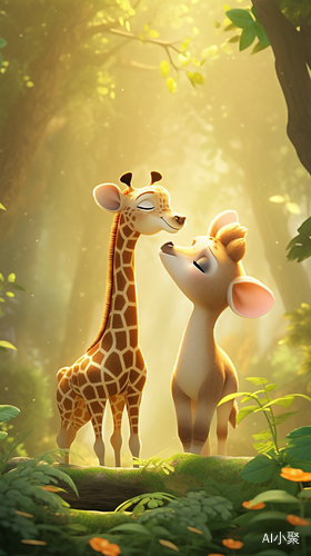 Cute Giraffe and Zebra in Soft and Warm Forest