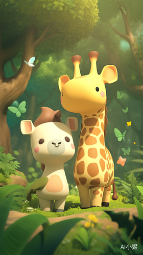 Cute Giraffe and Zebra in Soft and Warm Forest