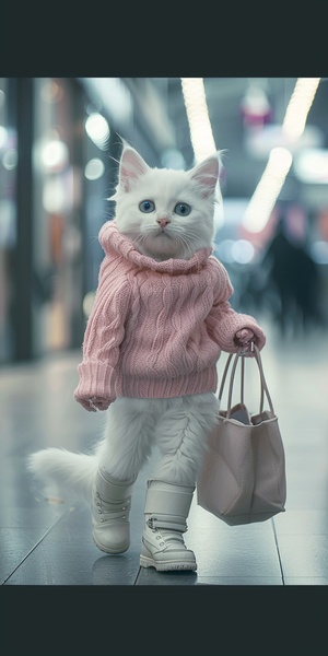 modern organic,Front view,Full Length Shot(FLS),Cold light,A white kitten, anthropomorphized, dressed in a pink sweater and white boots, with a bag slung over its arm, shopping for clothes in a mall. q 0.5 s 250 v 6.0 ar 3:4