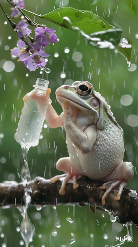 Cute White Frog in a Rainy Fairy Tale World