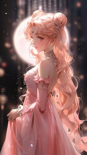 anime girl with long hair and a pink dress with a big moon in the background , beautiful anime portrait , anime style . 8k , portrait knights of zodiac girl , artwork in the style of guweiz , beautiful anime art style , anime style 4 k , the sailor moon . beautiful , beautiful anime , beautiful anime style , extremely detailed artgerm , guweiz - - niji 5 style cute