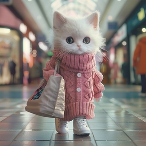 modern organic,Front view,Full Length Shot(FLS),Cold light,A white kitten, anthropomorphized, dressed in a pink sweater and white boots, with a bag slung over its arm, shopping for clothes in a mall.