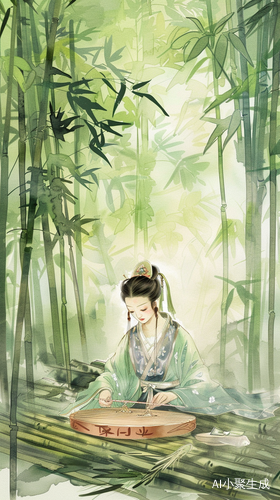 水彩风格中的中国古代妇女弹琴