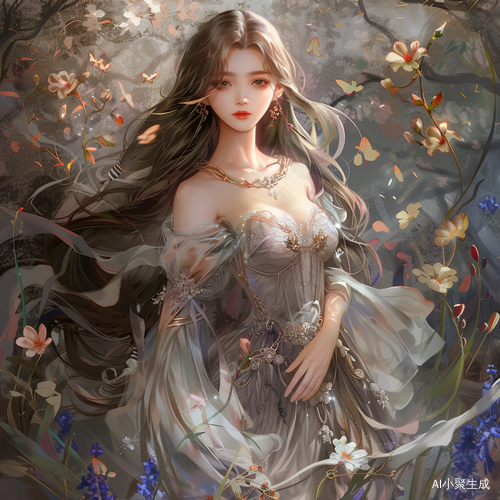 Elegant Girl with Long Flowing Hair in Floral Background