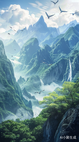 高山磅礴，瀑布飞流，仙鹤舞动