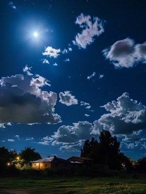 乡村晴朗的夜空，白云遮着明亮的漂亮的月亮，几颗星星，夜空下面有一排房屋，真实拍摄，国家地理摄影，4K超清