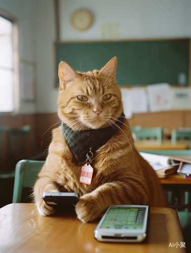 可爱橘猫在课桌上玩游戏，背景是学校课堂