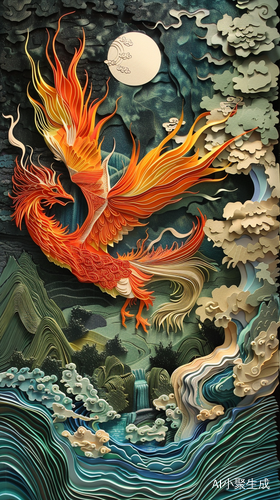 中国传说神话凤凰东方风景画多维剪纸艺术
