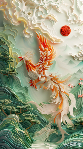 中国传说神话凤凰东方风景画多维剪纸艺术