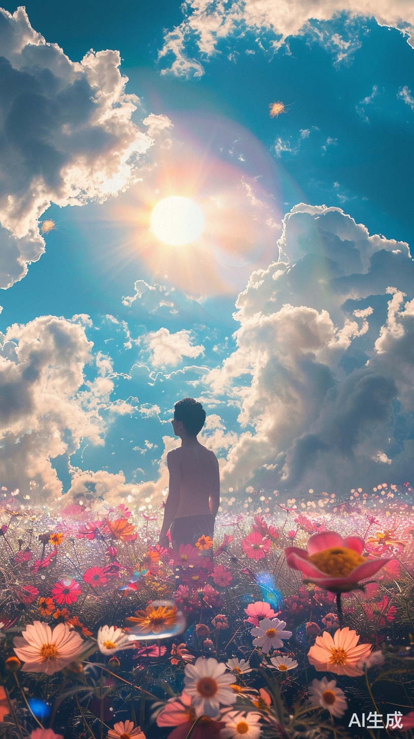 男人背影花海蓝天