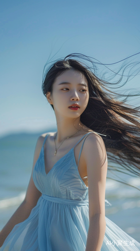 年轻中国女孩海边梦幻漫步，精致五官迷人微笑
