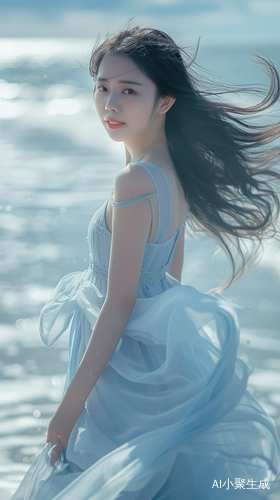 年轻中国女孩海边梦幻漫步，精致五官迷人微笑
