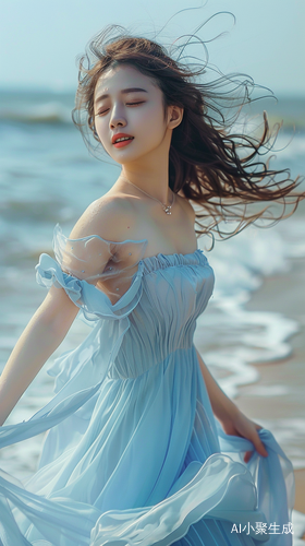 年轻中国女孩海边梦幻漫步，精致五官迷人微笑
