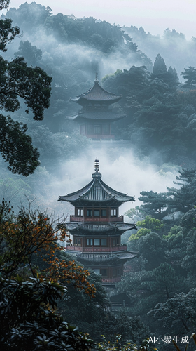 唐宋风格山水亭台楼阁下雨天