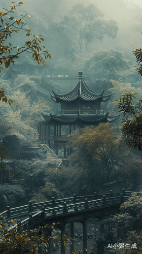 唐宋风格山水亭台楼阁下雨天
