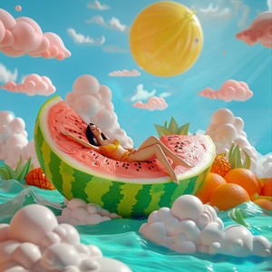 3d artwork , atermelon with a woman sunbathing on it , in the style of 32k uhd, bright primary colors, rinpa school, sky-blue and white, hip-hop style, primary colors studio light The focal length of the background is 35mm f1.4,C4D,blender,octane rendering,high details 8k