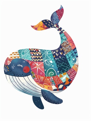 a cute whale with a colorful patchwork pattern inside the image,the text " 1204"on the top of it,on a white background,suitable as a T-shirt design.ar3:4