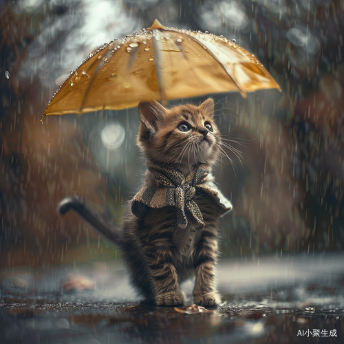小猫戴伞穿裙雨中行