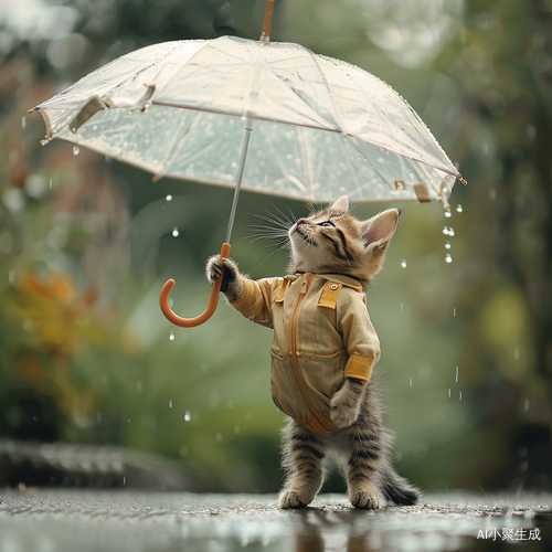 小猫戴伞穿裙雨中行