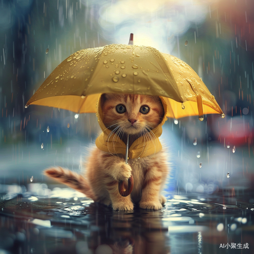 小猫戴伞穿裙雨中行