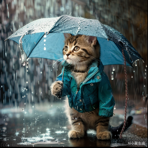 小猫戴伞穿裙雨中行