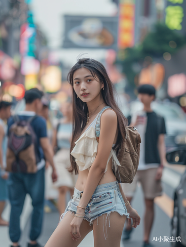 年轻中国女孩在繁华街道上展现火辣身材