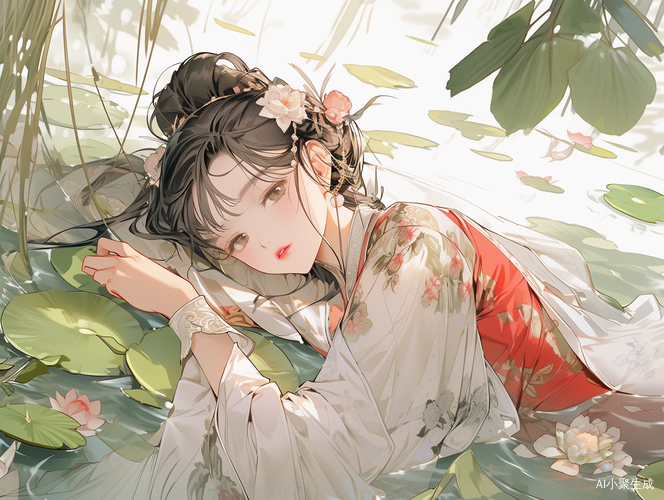 中国古代风格中的池塘美人