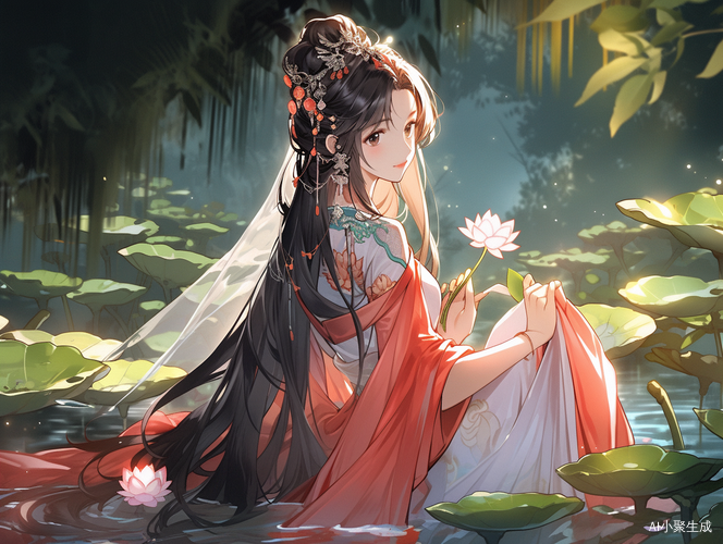 中国古代风格中的池塘美人