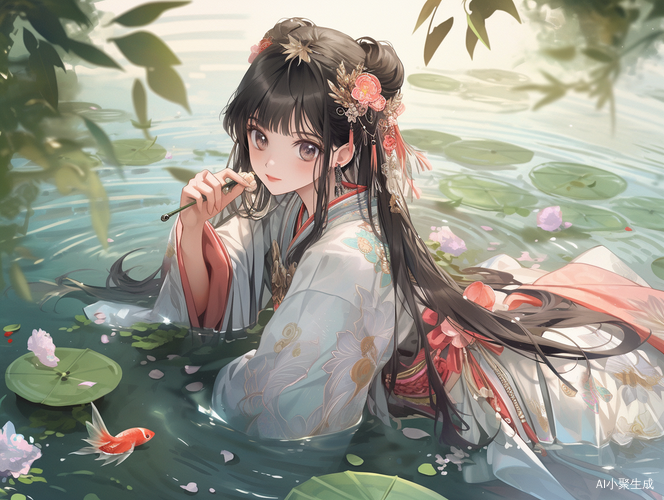 中国古代风格中的池塘美人