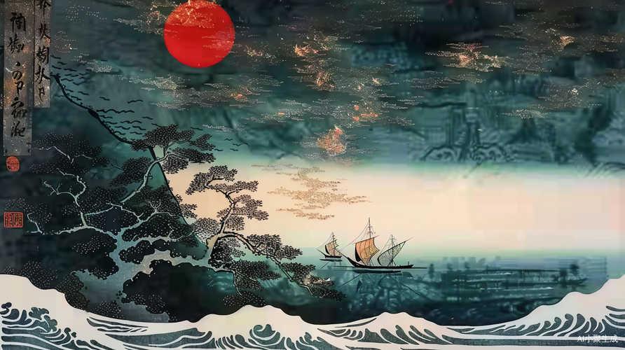 日本风格墨绿色背景暗红色太阳