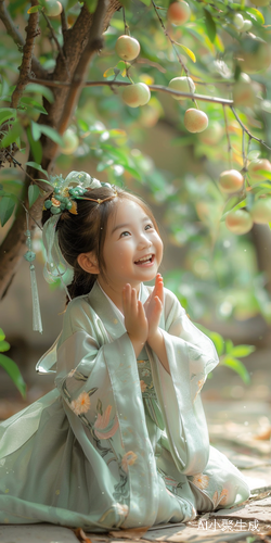 开心玩耍的可爱小女孩穿青色古典汉服