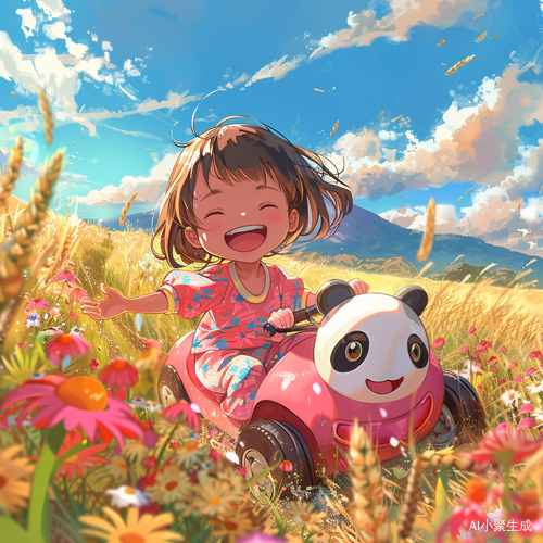 开心的小女孩在花海中骑车笑颜盈盈