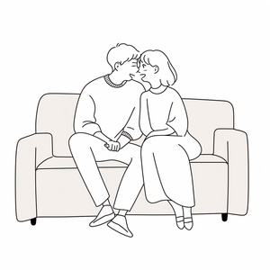 A couple sitting on the sofa in their pajamas , mouth to mouth , four cute poses and expressions , different emotions , multiple poss and expressions , abstract , hand - drawn illustration , minimalist graphic , line art , bold outline , bold strokes , line drawing , minimalism , in the style of wnwnmemo , white background ar 3:4 s 250 niji 5