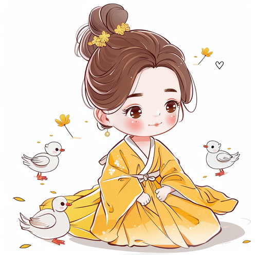 小女孩鹅黄色汉服全身图，古典精致，线条艺术贴纸艺术
