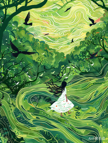 Spring Meadow: A Girl in a Van Gogh Style Landscape