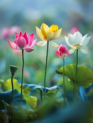 In the early morning, in the lotus pond in the valley, there were several lotus flowers of different colors blooming, one pink, one yellow, one white, and one red, with thick petals and long stems. This flower blooms brilliantly, with two leaves and pink silk like petals gracefully dancing in the wind. This is a harmonious and vibrant beautiful picture, with a green background, real photos, high-definition, photos,16K,HD