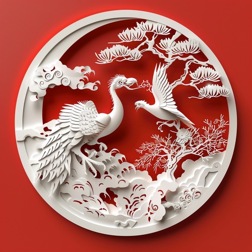 剪纸作品，中国新年，想象，精妙，镂空设计，光影，3D，红色背景