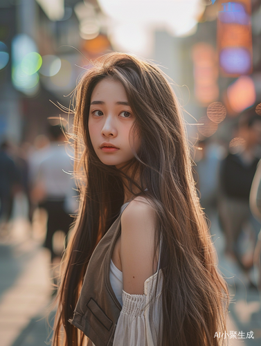 年轻中国女孩在繁华街道上展示火辣身材
