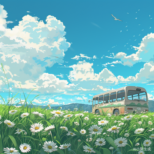 90s Anime Style Bus on Green Grass and Blue Sky