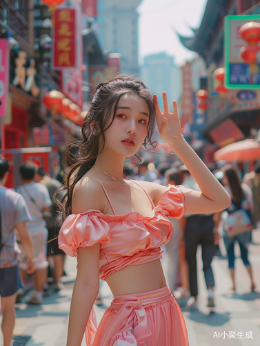 年轻中国女孩的街头繁华人像摄影